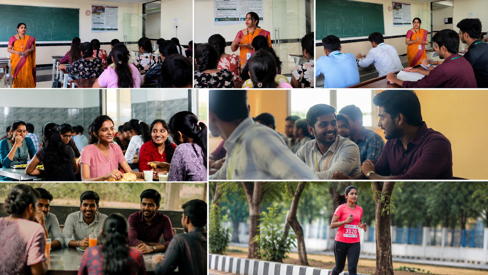Students celebrating on campus — classroom, canteen, and sports