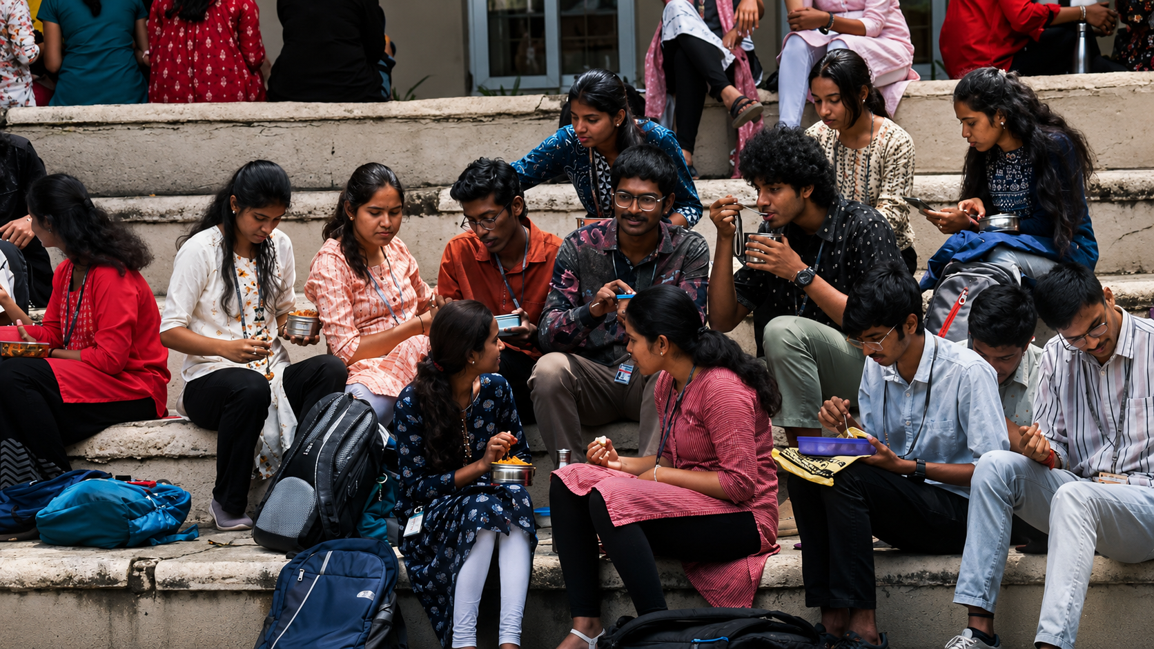 Students gathered on campus steps