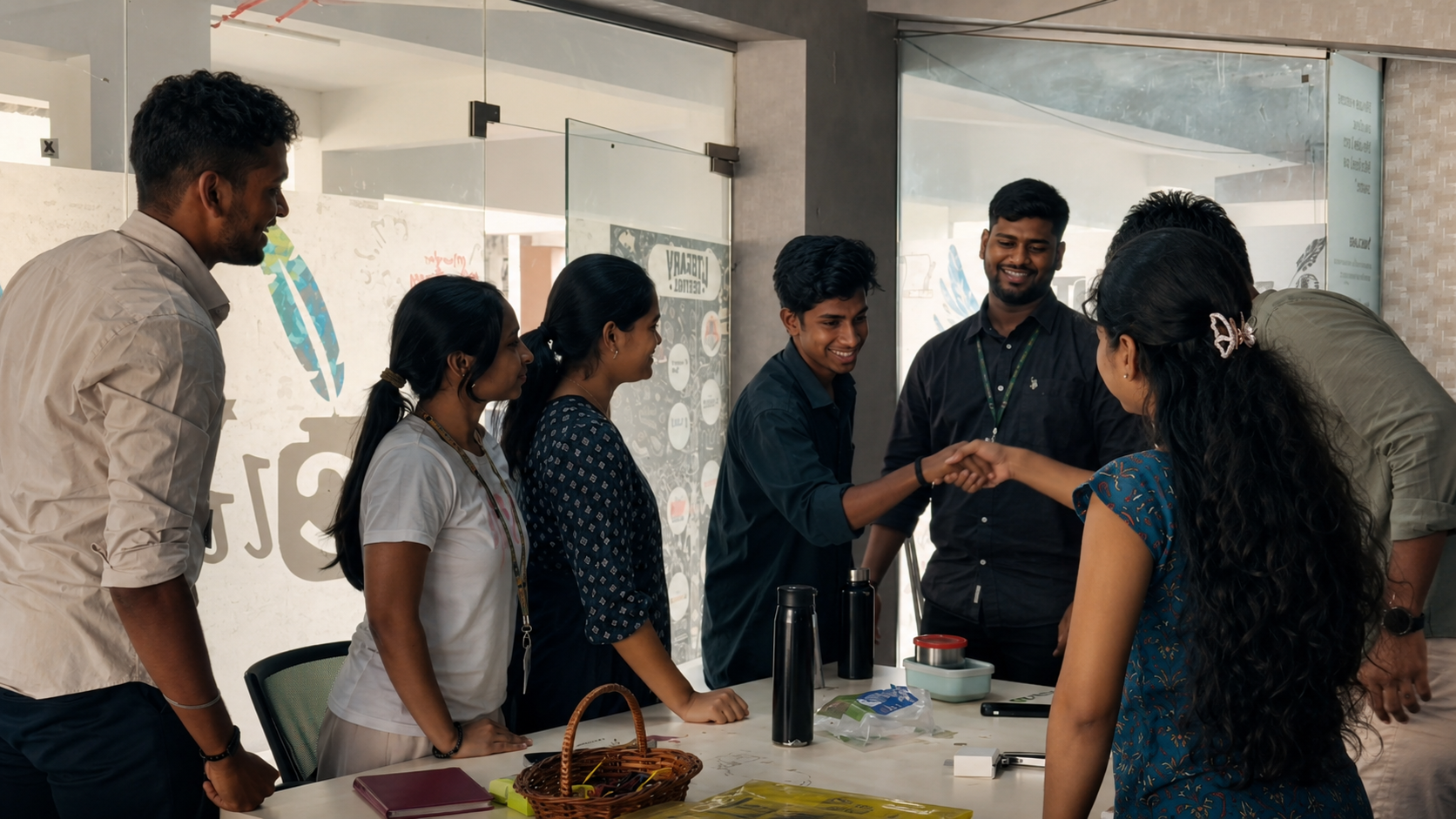 Students at a club event handshake